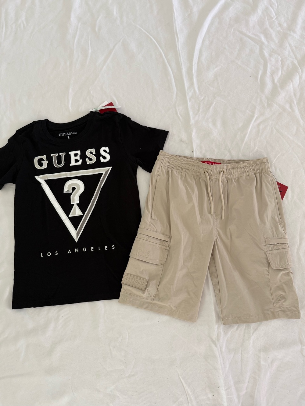 New boys GUESS Sz 8 Black Logo Tee with Beige Cargo Shorts
